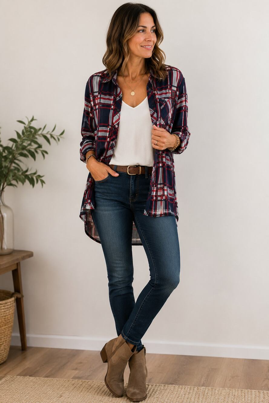 Sans Souci Plaid Oversized Button Front Blouse Navy Red White Size M